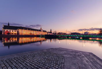 University bridge and Wroclaw university, in the evening. Poland