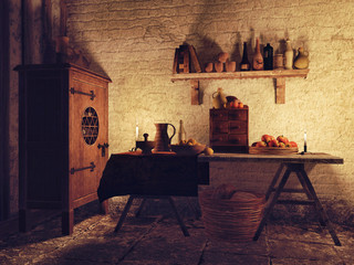 Stół ze świecami, owocami i naczyniami w jadalni średniowiecznego domu