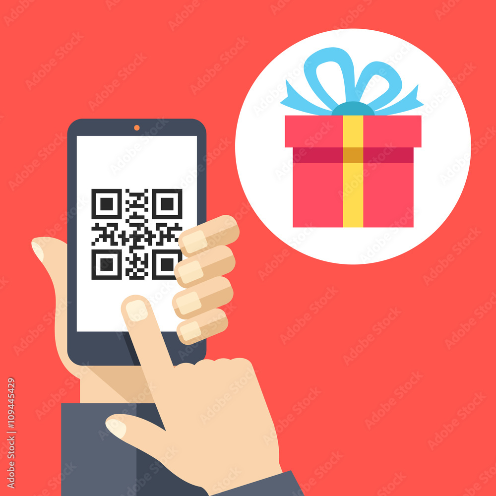 Poster hand holding smartphone with qr code on screen and gift. scan qr code and get a gift or discount con
