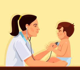 Pediatrician and child. Vector flat cartoon illustration