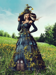 Obrazy na Szkle  Pani wiosna w długiej sukni i kapeluszu na kwitnącej łące 