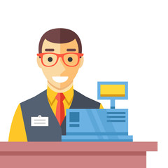 Cashier man at checkout counter. Counter desk, cash register and happy clerk. Flat vector illustration