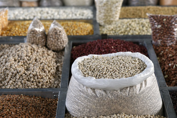 Grains and Cereals exposed in open-air market stall