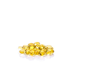 Fish oil capsule, Omega 3-6-9 fish oil yellow soft gels capsules on white background