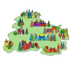 the island with the city. isolated. watercolor