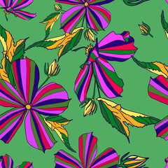Bright floral seamless pattern. Vector illustration with multicolored flowers and leaves on a white background. Suitable for fabric, textile, gift wrapping paper.