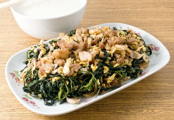 Stir Fried Jute Leaves with Soft Boiled Rice