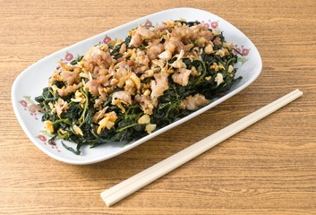 Chinese Stir Fried Jute Leaves with Minced Pork