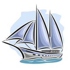 Vector logo sailing yacht, sailboat, sailer, gaff tender, gaff yawl, bermuda ketch, sloop, ship, sailing, boat, floating blue sea, ocean, waves. Cartoon sailing boat, sea regatta, yachting sport