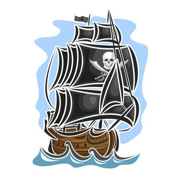 Vector logo pirate sailing ship, sailboat, sailer, vessel, sailing, barque, craft, frigate, caravel, galleon, schooner, floating blue sea, ocean, waves. Cartoon pirate sailing old vessel Jolly Roger