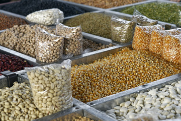 Grains and Cereals exposed in open-air market stall