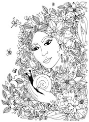 Beautiful woman with snail in the colors. Design for coloring book adults. Coloring page, zentangle style, hand drawn vector print. Black White.