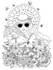 Vector illustration zentangl, doodle portrait of a woman, a girl in a floral hat box. Summer, sunglasses, umbrella, sun, sunflower. Coloring book anti stress for adults. Black and white.