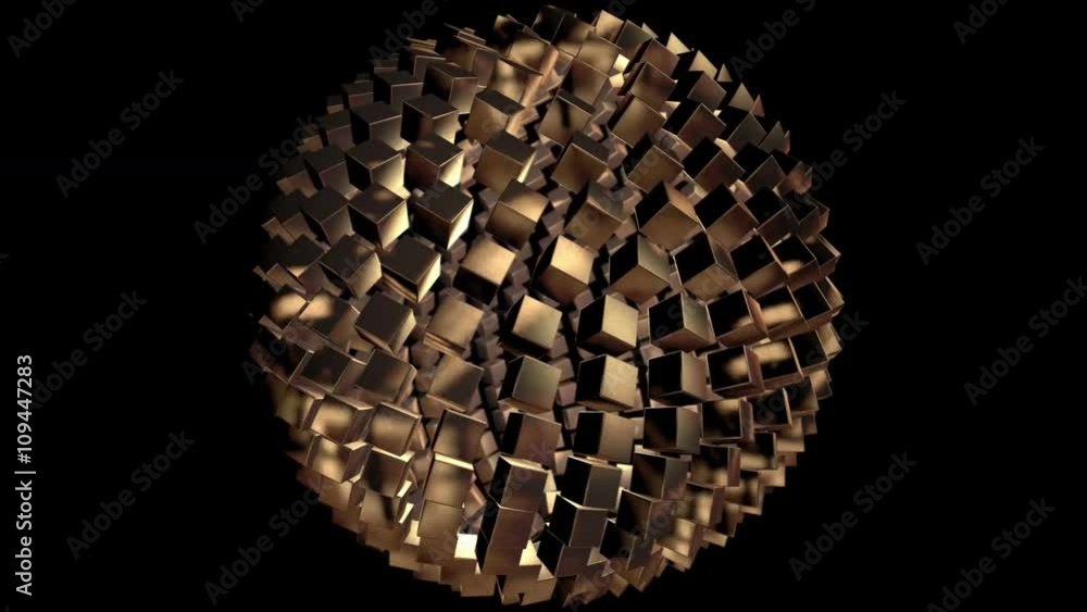 Poster seamless looping background with a sphere of golden cubes including alpha matte
