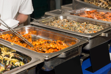 Steamer Tray of Grilled Shrimp Skewers in Buffet