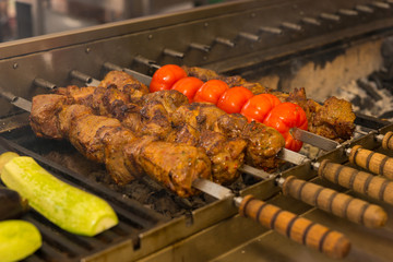 Meat and Vegetable Kebabs Cooking on Outdoor Grill