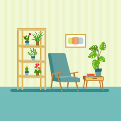 flat retro interior living room with bookcase,chair, and houseplant.vector illustration