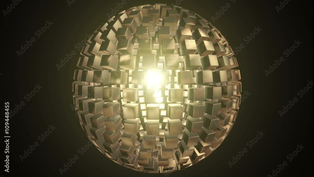 Poster seamless looping background with a sphere of golden cubes including alpha matte