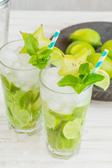Two fresh mojitos cocktail. Mojitos with mint leaves, lime and ice