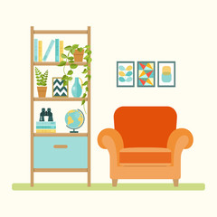Home furniture. Set of elements:chair, bookcase, binoculars, globe, plants, books, pictures. Vector flat illustrations.