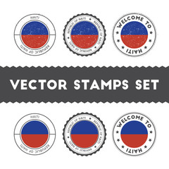 Haitian flag rubber stamps set. National flags grunge stamps. Country round badges collection.