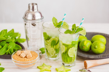 Two fresh mojitos cocktail. Mojitos with mint leaves, lime and ice
