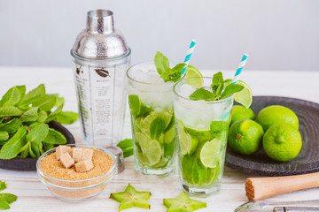 Two fresh mojitos cocktail. Mojitos with mint leaves, lime and ice