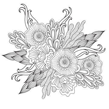 Hand drawn artistic ethnic ornamental patterned floral frame in doodle style,adult coloring pages.