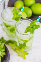 Two fresh mojitos cocktail. Mojitos with mint leaves, lime and ice