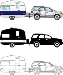 Different kind car and travel trailers isolated on white background in flat style: colored, black silhouette, contour. Vector illustration.