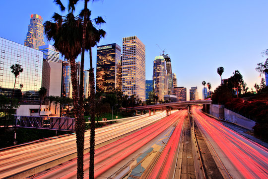 City of Los Angeles Downtown at Sunset With Light Trails