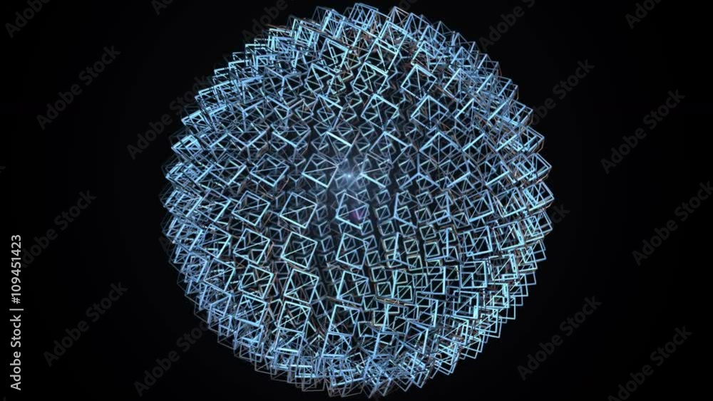 Poster seamless looping background with a sphere of transparent blue wireframe cubes including alpha matte