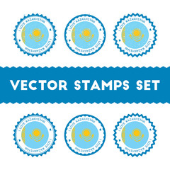 I Love Kazakhstan vector stamps set. Retro patriotic country flag badges. National flags vintage round signs.