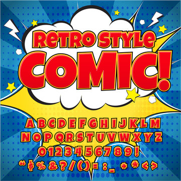 Comic retro alphabet set. Red color version. Letters, numbers and figures for kids' illustrations, websites, comics