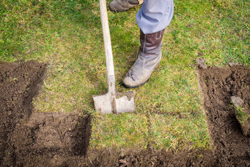 Man using spade for old lawn digging