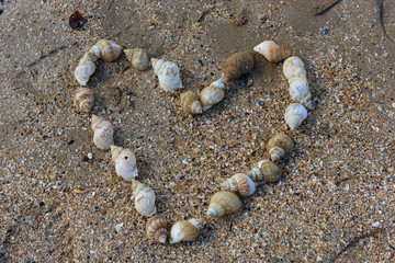 Heart shape made of Mussels on a sandy beach in Margate, Kent, UK