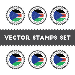 I Love South Sudan vector stamps set. Retro patriotic country flag badges. National flags vintage round signs.