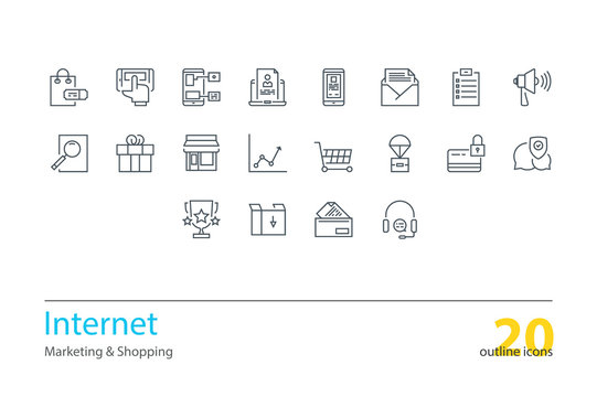 Set of vector internet marketing, shopping thin line icons.