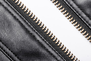 Leather jacket metal zipper with empty white copy space.