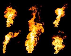 Set of gas flares blazing fire spurts and glowing flames
