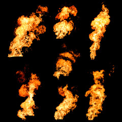 Raging fire spurts of flame texture photo set on black