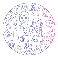Happy family.Mother,father,daughter ans son in love inside round.Vector illustration.Colored illustration isolated on a white background.