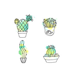 Succulent illustration. Vector cactus hand drawn set with paint splashes. Cacti and in door plants in pots.