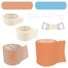 A collection of 8 vector illustrations of bandage items, commonly found in First Aid Kits, including Bandages, Plasters, Cotton Swabs, Medical Gauze and a Bandage Clip. 