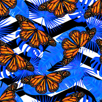Butterfly. Seamless pattern of butterflies and palm leaves. Endless colorful texture vector background. Perfect for wallpapers, pattern fills, web page backgrounds, surface textures, textile