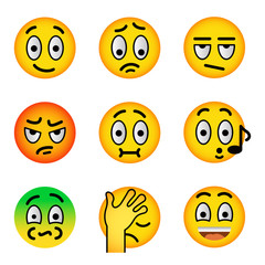 Smiley face flat vector icons set. Emoji emoticons. Facial emotions and expression symbols. Cute cartoon illustrations of mood and reactions for text chat and web messenger. Yellow ball character
