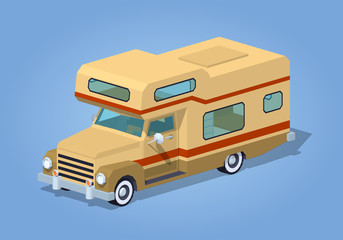 Brown motor home against the blue background. 3D lowpoly isometric vector illustration