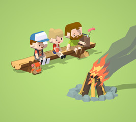 Low poly rough wooden bench and the campfire. 3D lowpoly isometric vector concept illustration