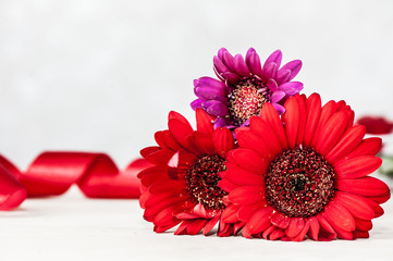 Colorful gerbera flowers with red tape on defocused background