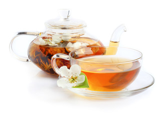 Tea cup kettle isolated white background
